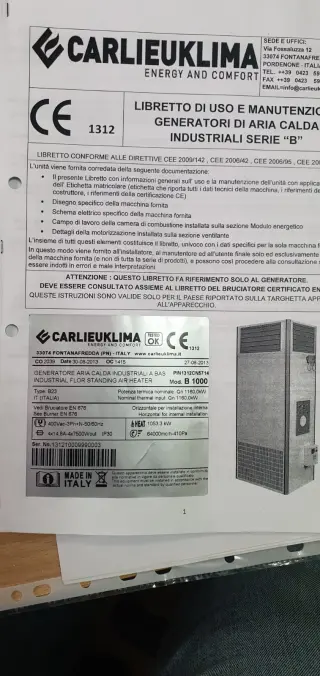 Газовый теплогенератор CARLIEUKLIMA Модель EUGEN B1000 H-HF-N
