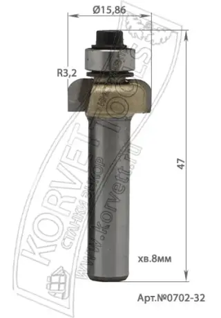 0702-32. Фреза кромочная калевочная н\п R3,2 D15,86 H6,35 TL47 X8