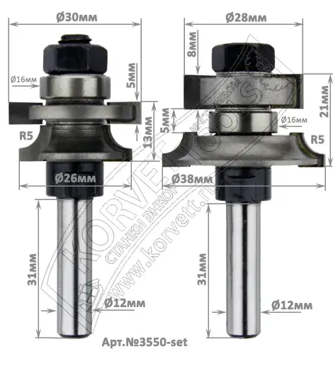3550-setal Набор фрез для изготовления вагонки D38 R5 Х8
