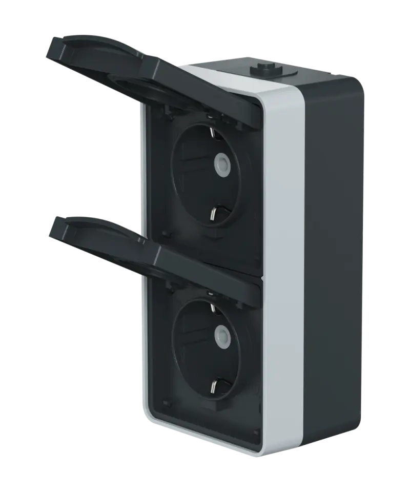 Розетка электрическая двухместная вертикальная CADUCEUS ALING PROTECTA для открытой проводки, без шторок, с крышкой, 16А, 250В~