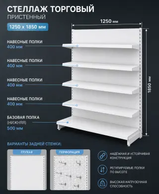 Стеллажи торговые металлические 1850мм x 1250мм,5 полок-3500р м.п