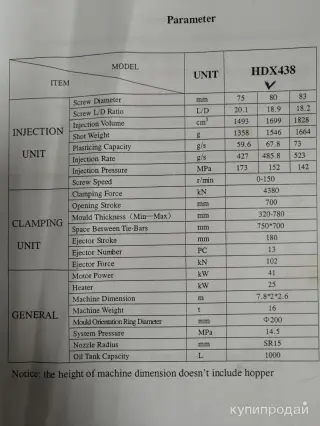 Термопластавтомат HDX 438. 1,5 кг. 438 тонн
