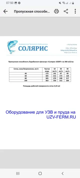 Барабанный фильтр «Солярис-1020П» на 360 м3/час