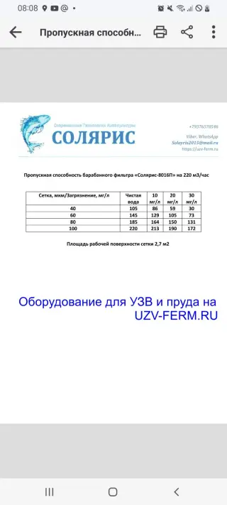 Барабанный фильтр «Солярис-8016П» на 220 м3/час