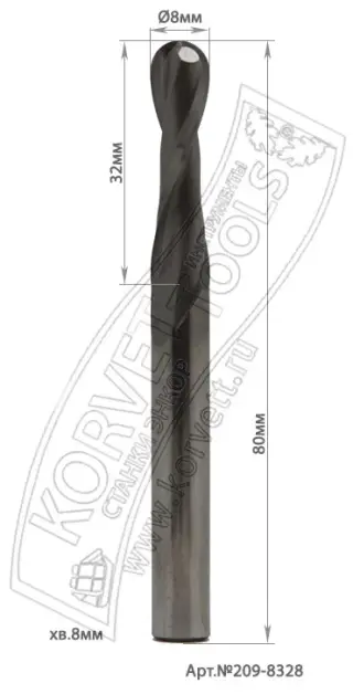 209-8458. Фреза спиральная монолитная радиусная up D8 R4 H45 TL120 Z2 X8