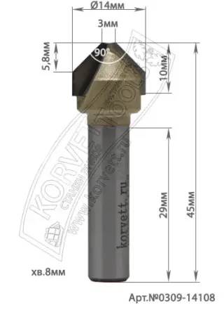 0309-14108. Фреза пазовая V-form Composit  D14 Н10 А90° TL45 Х8