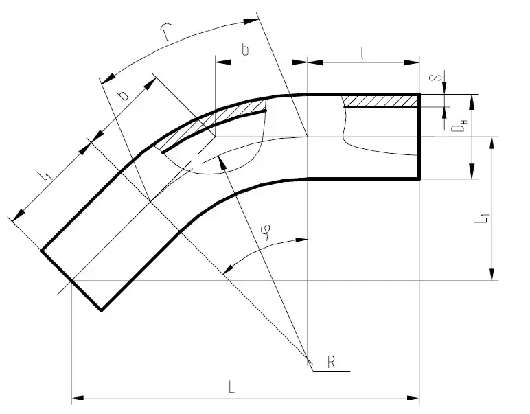 Отвод ОГ 55° 273х8(8К56)-5DN-1350/1350-У, Рисп=12,0 МПа