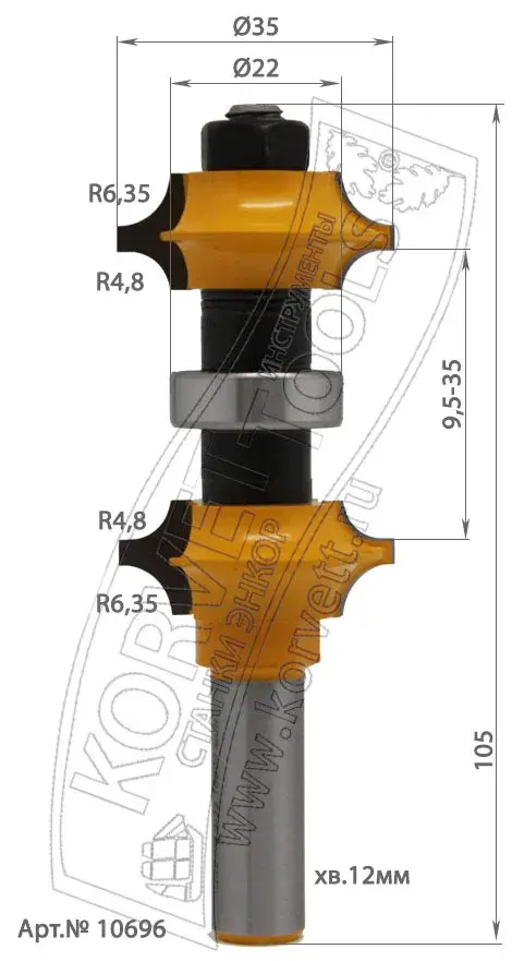 10696. Фреза кромочная калевочная регул.R4.8/R6.35 D22 Х12