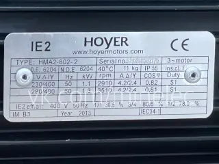 Электродвигатель Hoyer, тип HMA2-802-2, 1.1 кВт, 2910 об/мин (1,1квт 3000 оборотов в минуту)