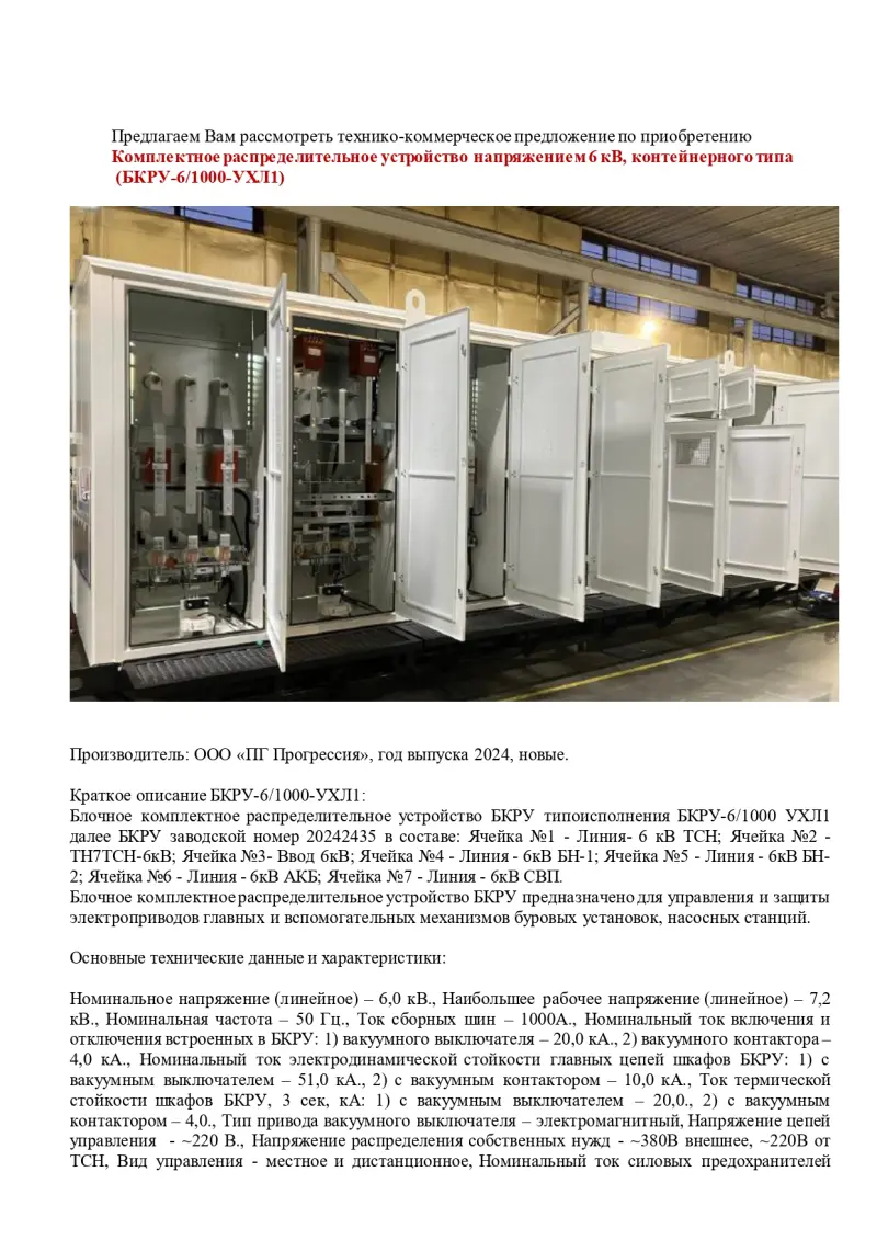 Комплектное распределительное устройство напряжением 6 кВ, контейнерного типа (БКРУ-6/1000-УХЛ1)
