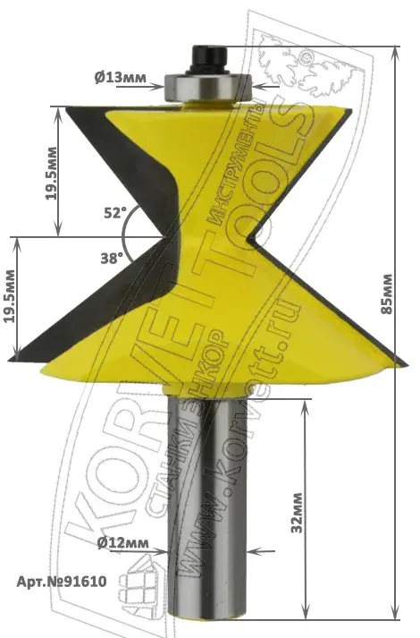 91610. Фреза multi-molding для карнизов угол н/п 52°/38° D61 h38 TL76 Х12