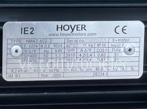 Электродвигатель Hoyer, тип HMA2-802-2, 1.1 кВт, 2910 об/мин (1,1квт 3000 оборотов в минуту)