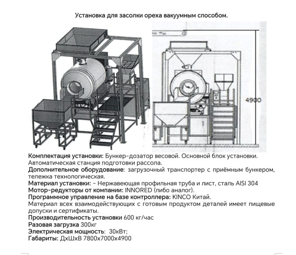 Оборудование для засолки вакуумным диффузионным способом различных видов орехов и семян подсолнечника